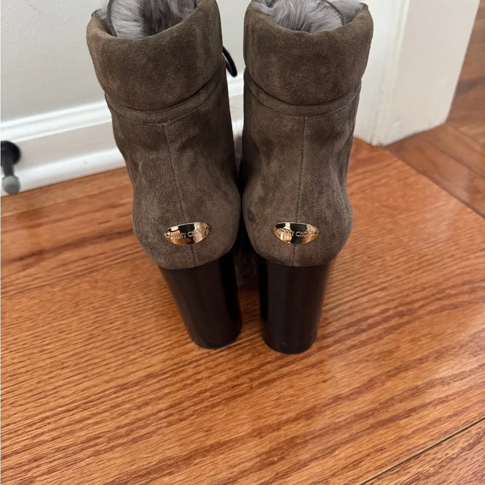 Jimmy Choo Suede Rabbit Fur Elba Heeled Boots. Size 39.